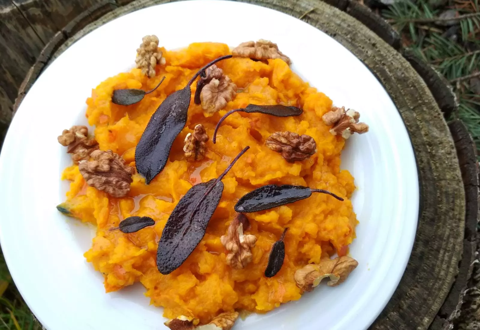 Dýňová kaše se smetanou, ořechy a křupavou šalvějí